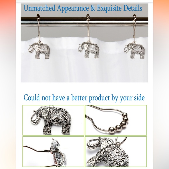 NEW IN BOX! 🛁🐘🚿 12 ANTIQUE SILVER ELEPHANT RUST PROOF SHOWER RINGS & HOOKS SET - Picture 6 of 16